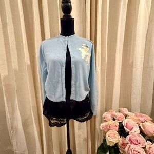 1950s Women's Light Blue Cardigan with Embroidered Detail
